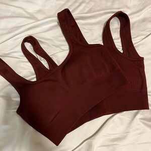 Burgundy Red Ribbed Sports Bras